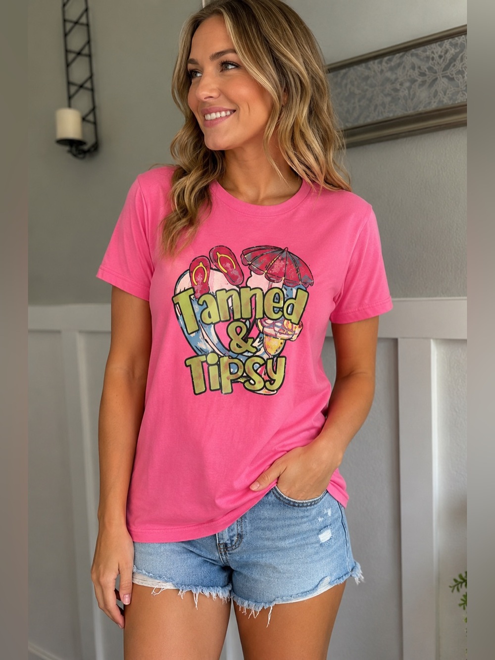 Bella Canvas Pink "Tanned & Tipsy" Graphic Tee